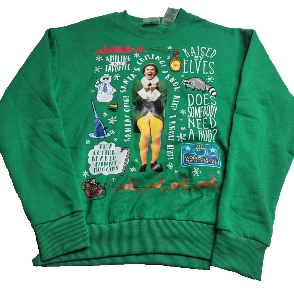 ELF Movie Talking Green Sweatshirt Adult Small Christmas Holiday